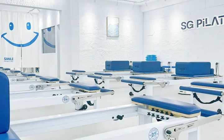 Ocean-blue reformers at SG Pilates Aljunied