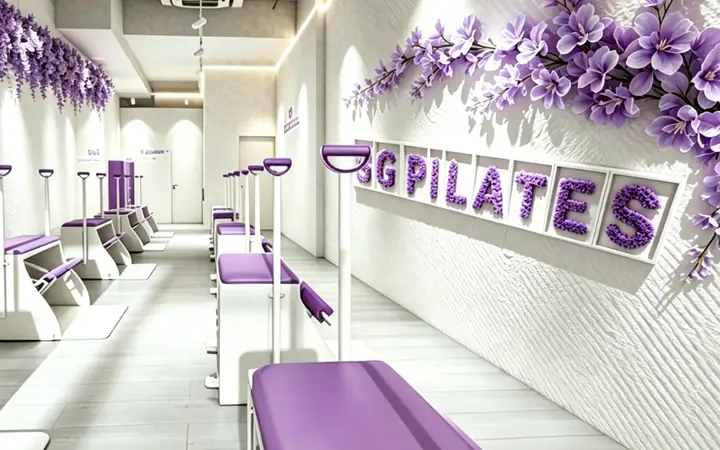 Lilac Wunda Chair studio with a flower wall at SG Pilates Kovan 2