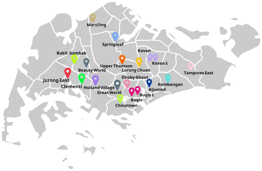 Map of Singapore with a pin for each of the 19 SG Pilates studios: Marsiling and Springleaf in the north, Tampines East and Kembangan in the east, Bukit Gombak, Jurong East and Clementi in the west, and a cluster around the city centre including Dhoby Ghaut, Bugis, Bugis 2, Chinatown and Great World.