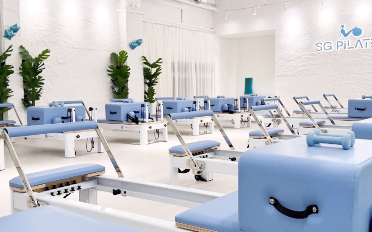Sky-blue reformers at SG Pilates Springleaf